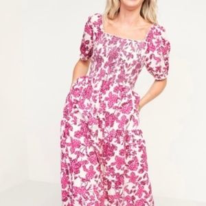 Old Navy Fit & Flare Puff-Sleeve Tiered Floral Midi Dress